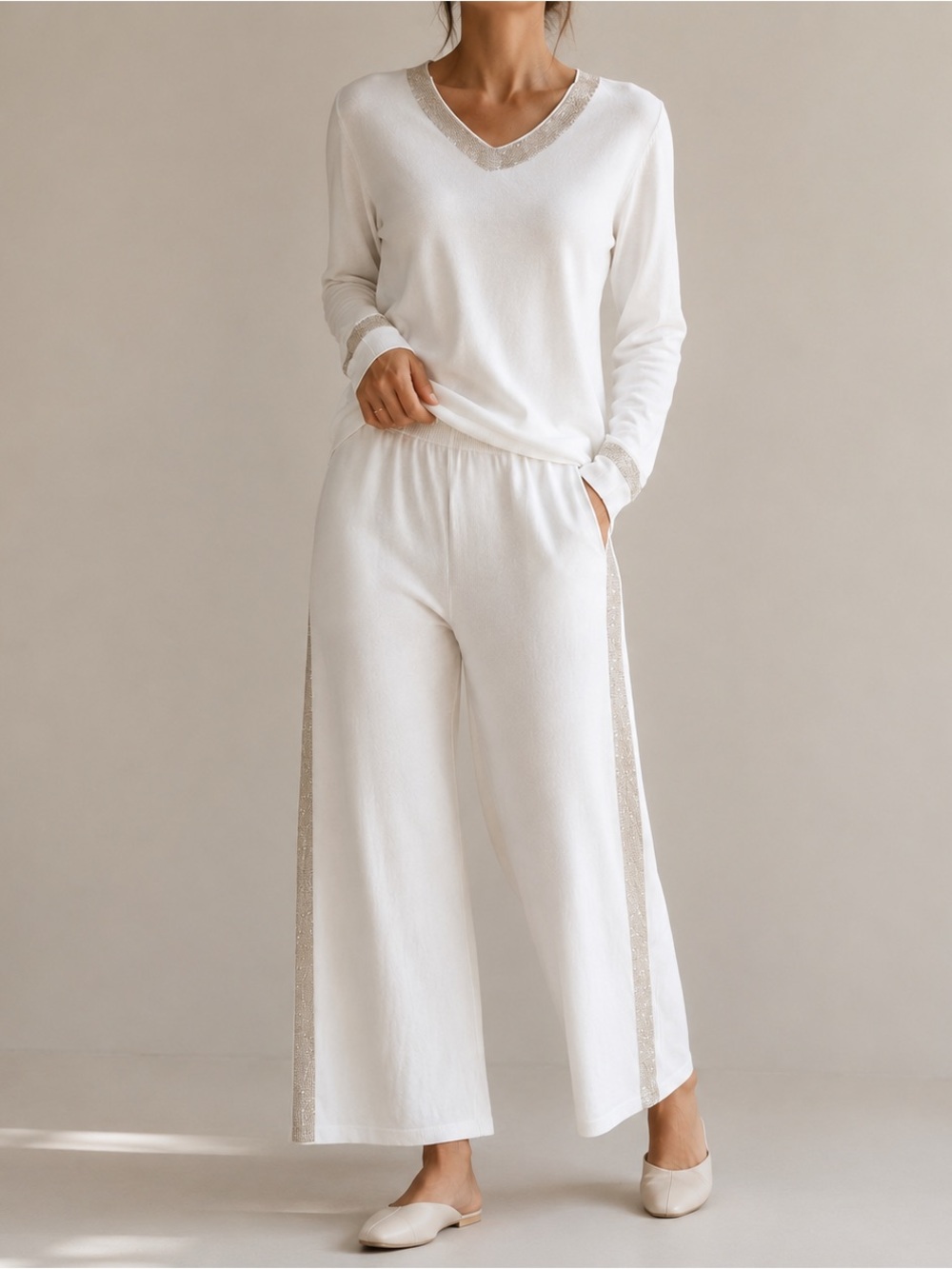 Boston Proper White Rhinestone Trim Lounge Set Wide Leg Size L